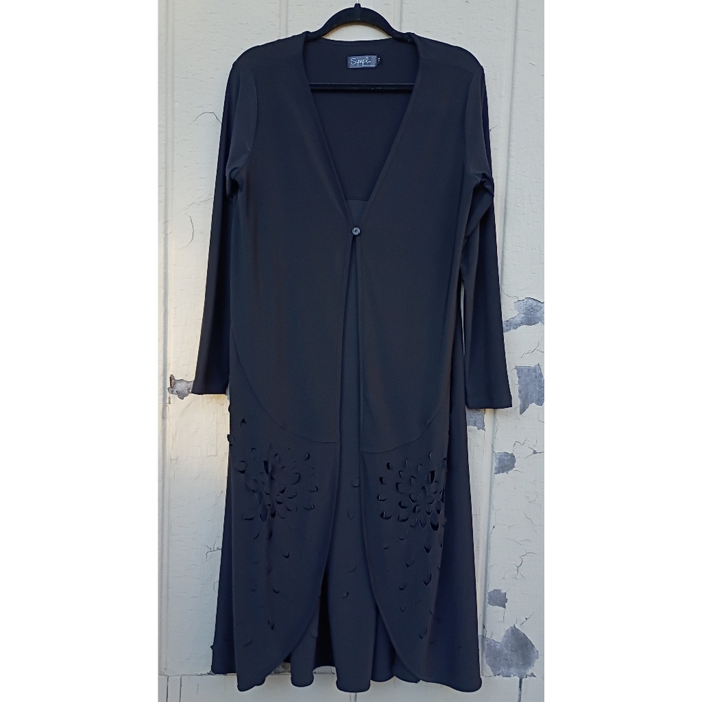 Sympli Profile Duster Black Laser Cut Floral Long Cardigan Top